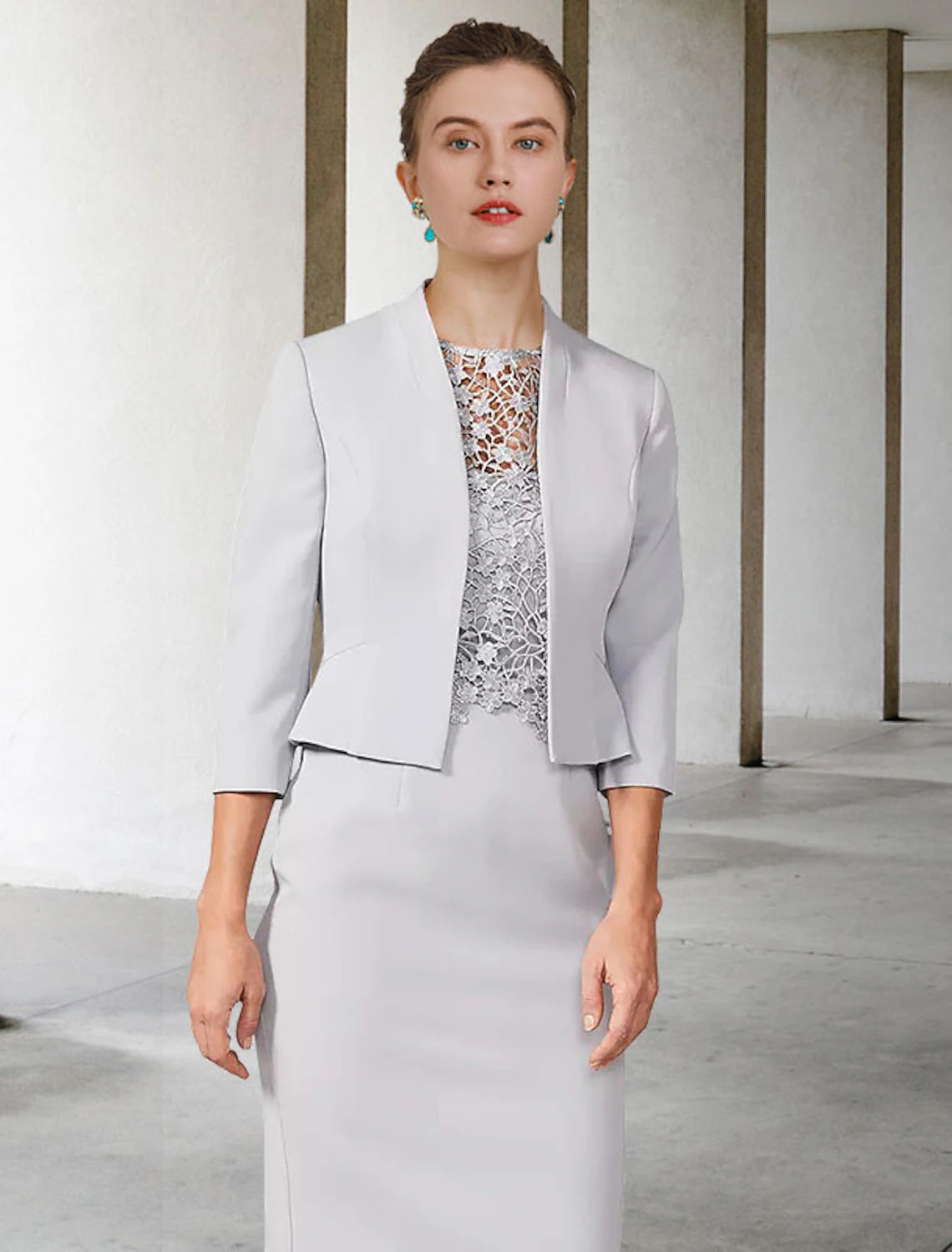 wholesale  Two Piece Sheath / Column Mother of the Bride Dress Church Elegant Jewel Neck Knee Length Chiffon Lace Short Sleeve Short Jacket Dresses with Appliques