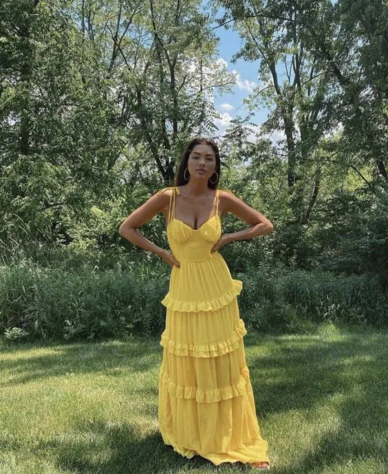 Bright Yellow Spaghetti‑Strap Tiered Ruffle Maxi Prom Dress