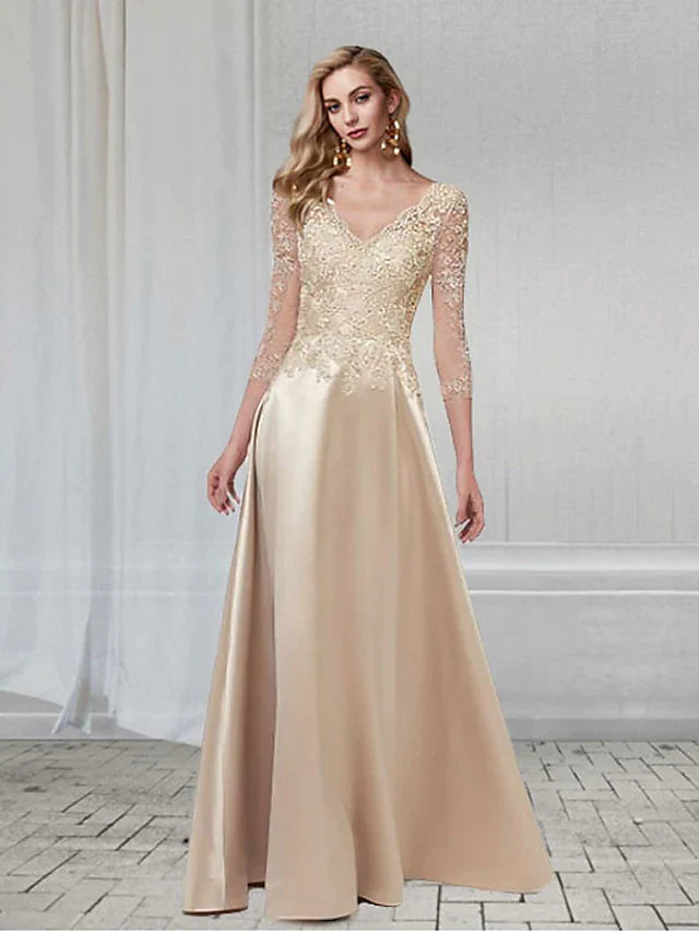 Wholesa A-Line Elegant Wedding Guest Formal Evening Dress V Neck 3/4 Length Sleeve Floor Length Chiffon with Appliques