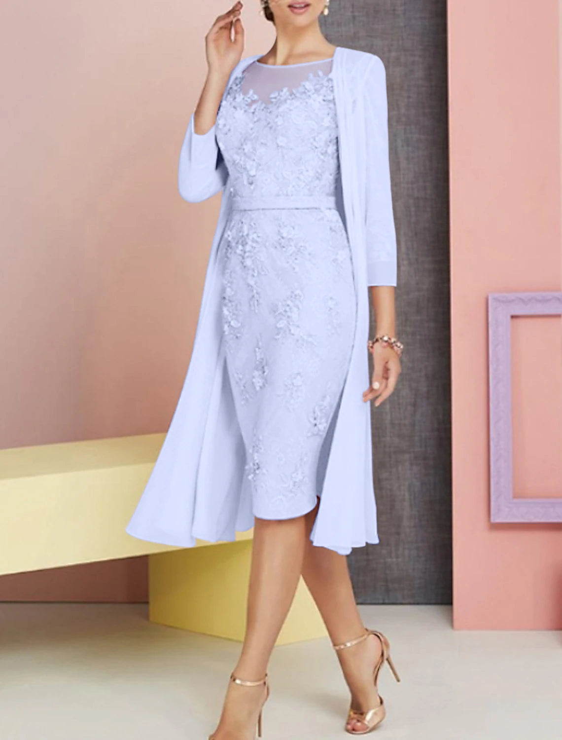 Wholesa Two Piece Sheath / Column Mother of the Bride Dress Wedding Guest Church Elegant Vintage Plus Size Bateau Neck Knee Length Chiffon Lace 3/4 Length Sleeve Jacket Dresses with Appliques