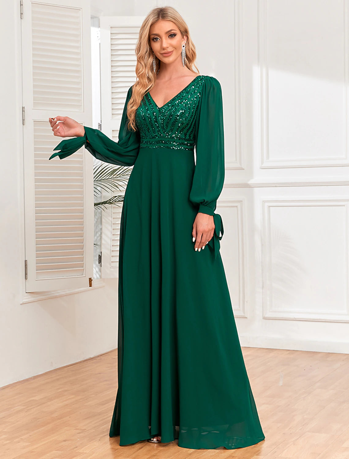 wholesale A-Line Evening Gown Empire Dress Evening Party Wedding Reception Floor Length Long Sleeve V Neck Fall Wedding Guest Chiffon V Back with Sequin
