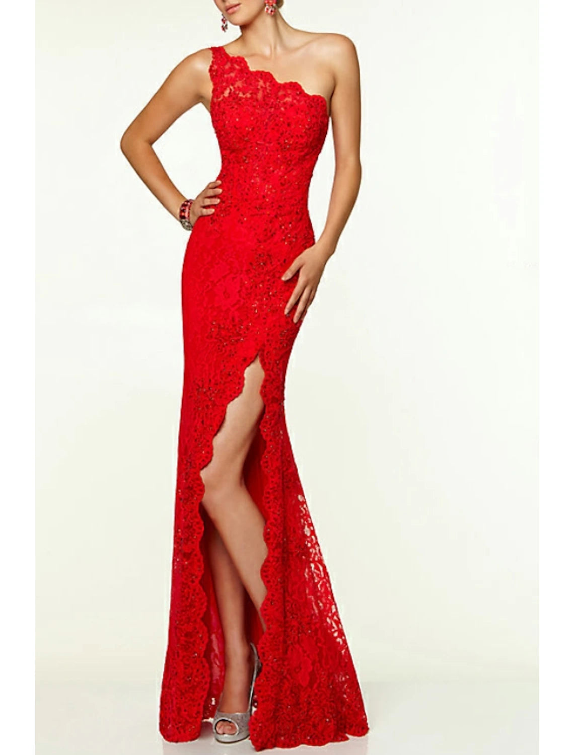 Wholesa  Sheath / Column Prom Dresses Open Back Dress Wedding Guest Prom Floor Length Sleeveless One Shoulder Lace with Split Front