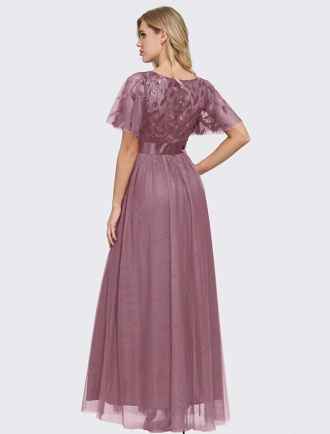 wholesa A-Line Empire Elegant Party Wear Prom Dress Jewel Neck Short Sleeve Floor Length Tulle with Embroidery / Illusion Sleeve