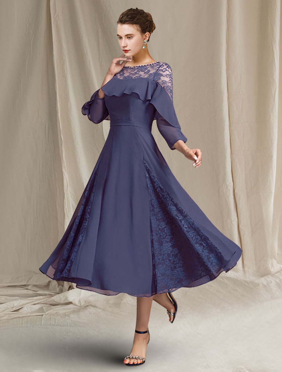 wholesale  A-Line Mother of the Bride Dress Elegant Jewel Neck Tea Length Chiffon 3/4 Length Sleeve with Pleats Sequin Ruffles