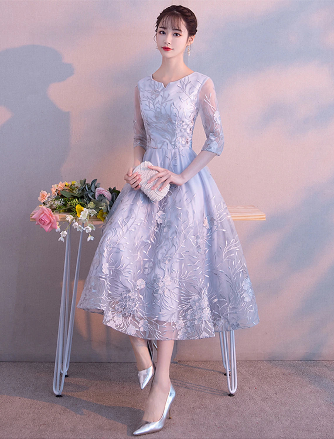 Wholesa A-Line Elegant Cocktail Party Prom Dress Jewel Neck 3/4 Length Sleeve Tea Length Lace with Lace Insert Pattern / Print Appliques