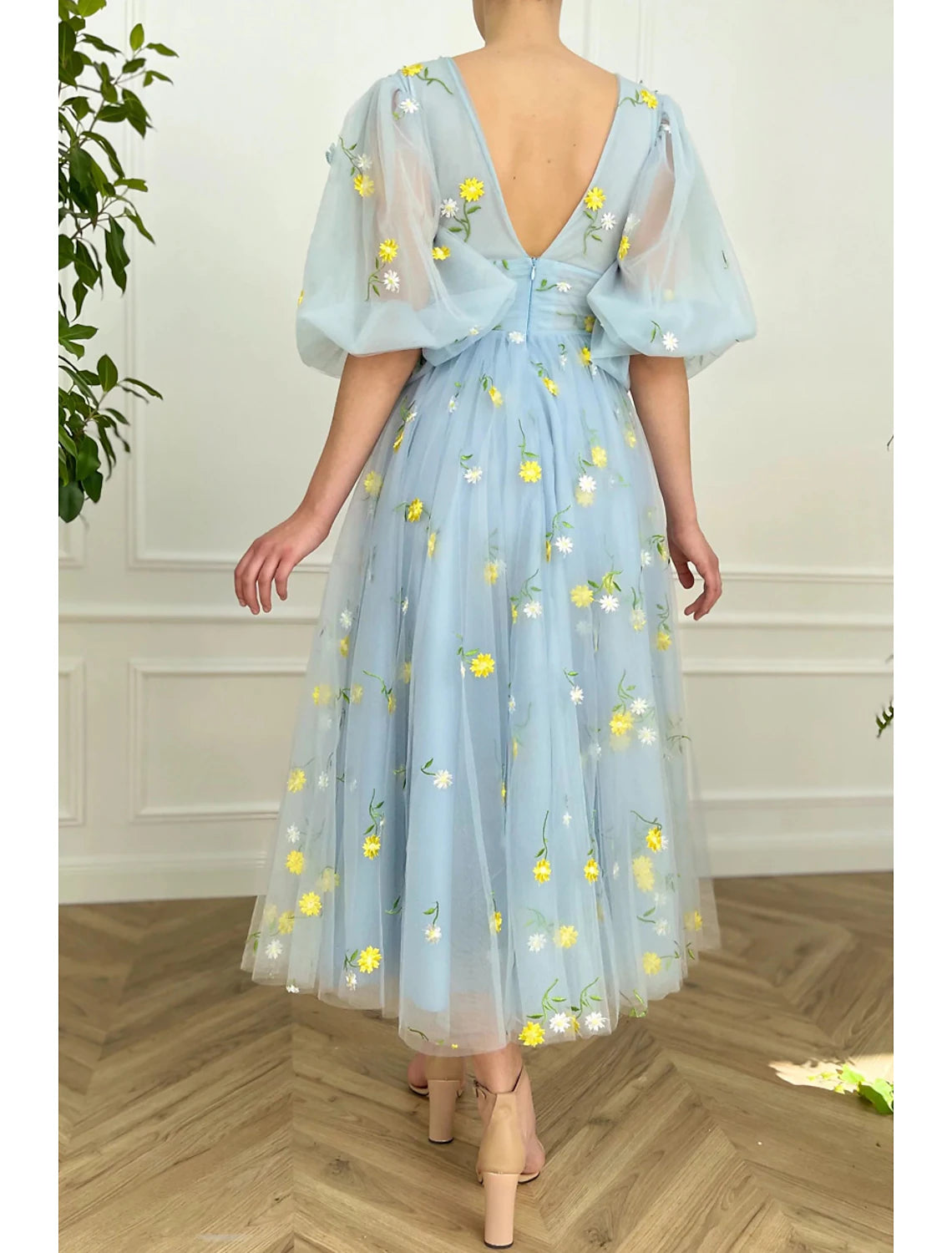 Wholesa A-Line Cocktail Dresses Floral Dress Wedding Guest Summer Ankle Length Half Sleeve V Neck Lace Backless with Pleats