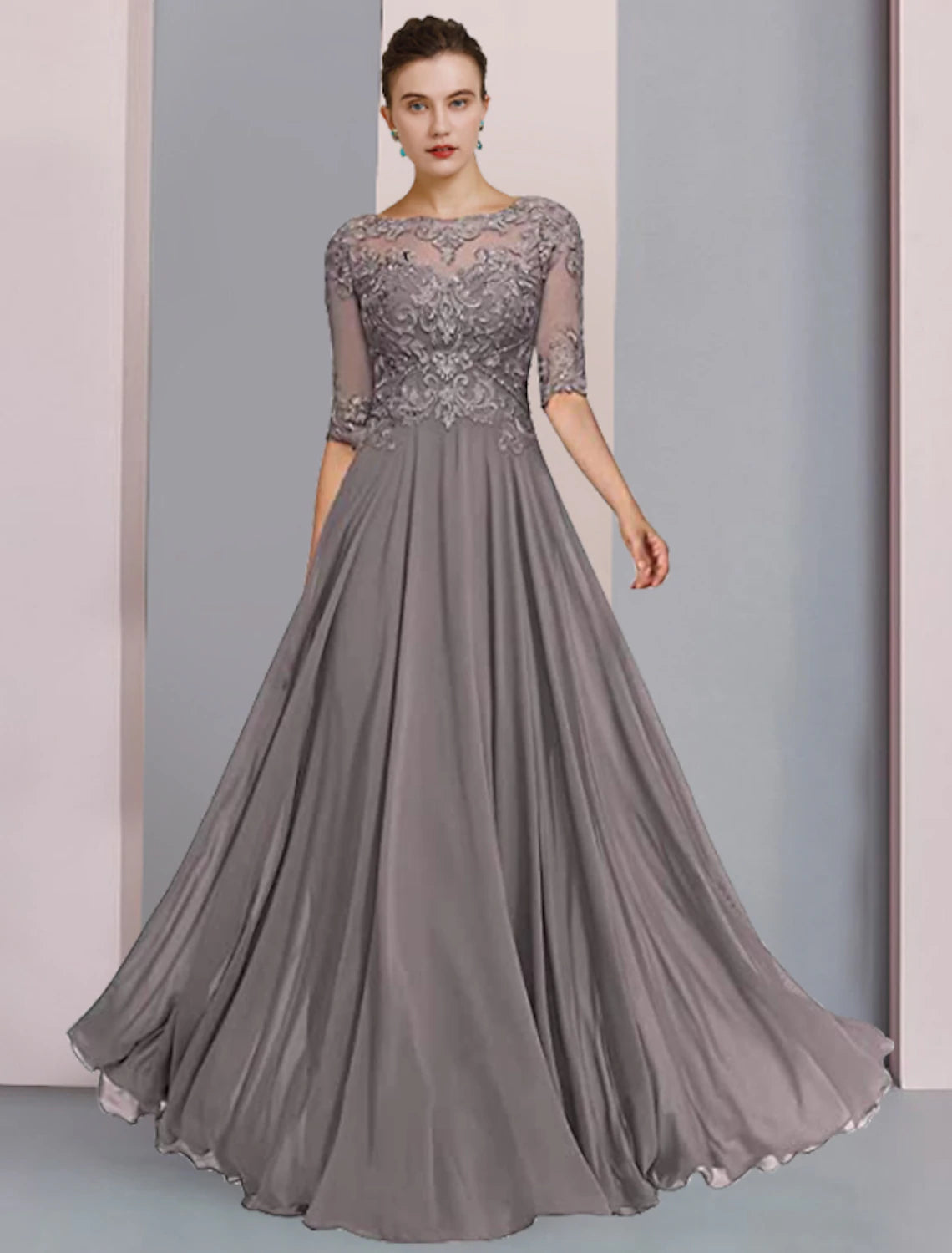 wholesale  A-Line Mother of the Bride Dress Formal Wedding Guest Elegant Scoop Neck Floor Length Chiffon Lace Half Sleeve Wrap Included with Pleats Beading Appliques