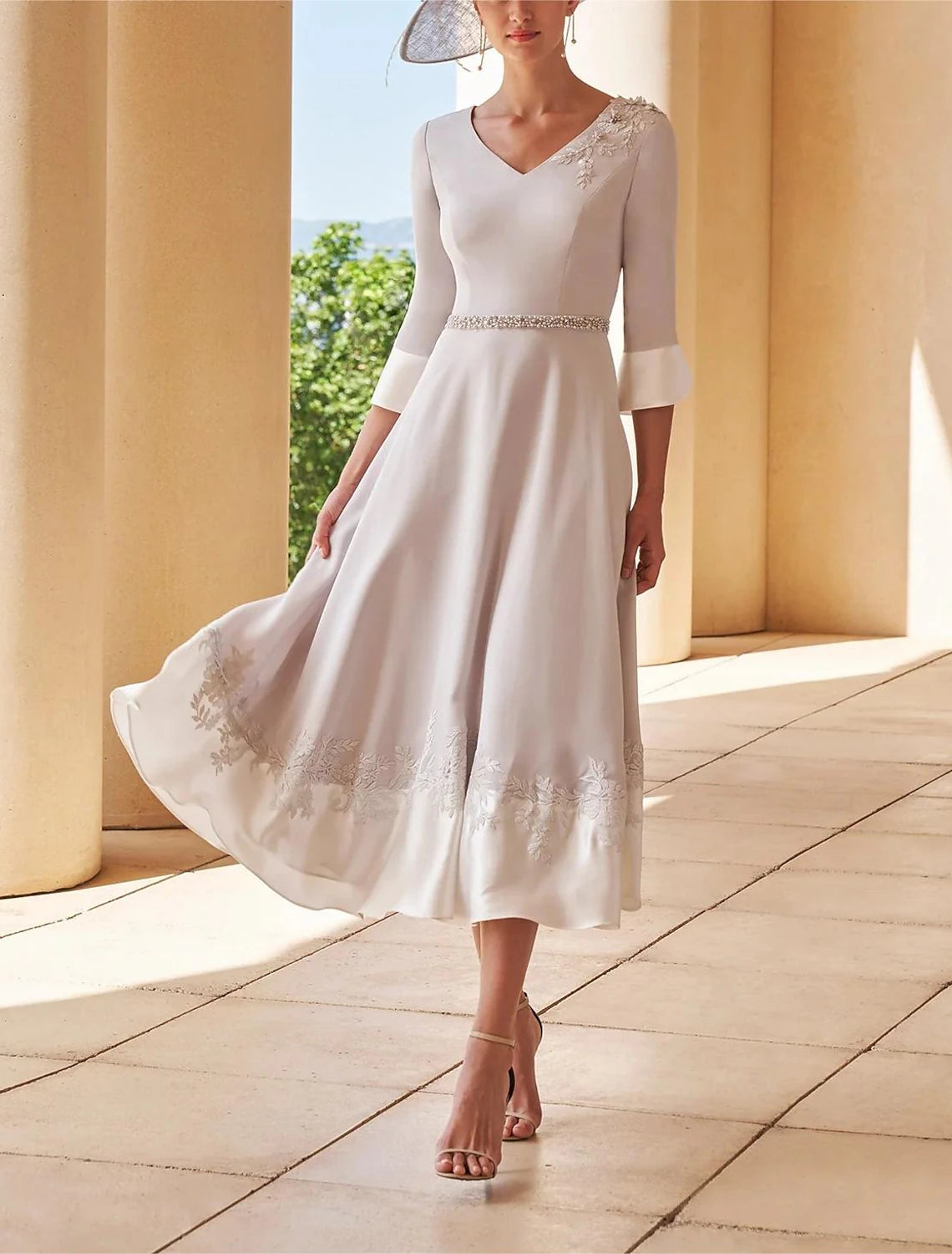 Wholesa  A-Line Mother of the Bride Dress Formal Wedding Guest Elegant V Neck Tea Length Chiffon Lace Half Sleeve with Lace Crystals Color Block