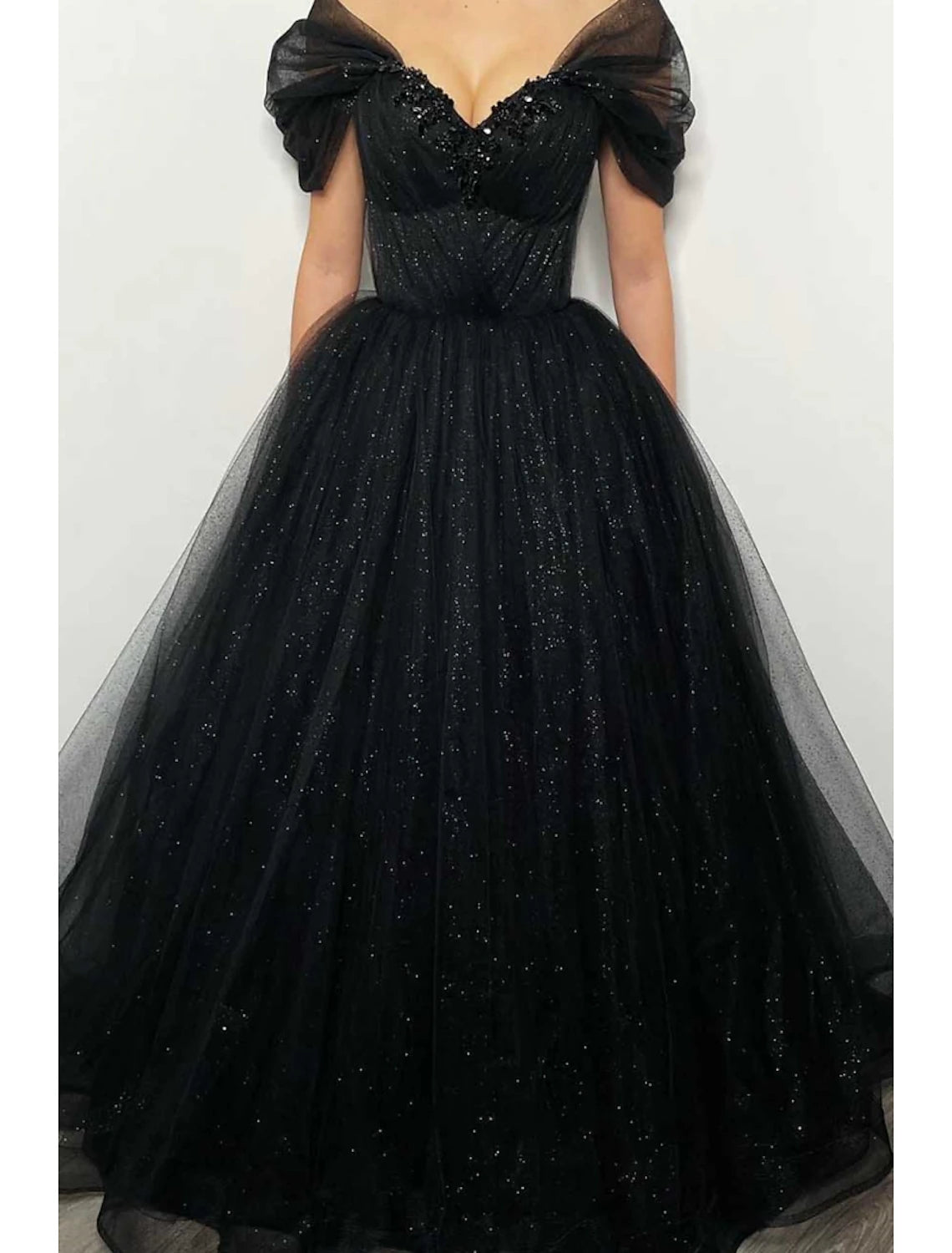 Wholesa A-Line Prom Dresses Elegant Dress Formal Floor Length Black Dress Short Sleeve Off Shoulder Tulle with Pleats Beading Sequin