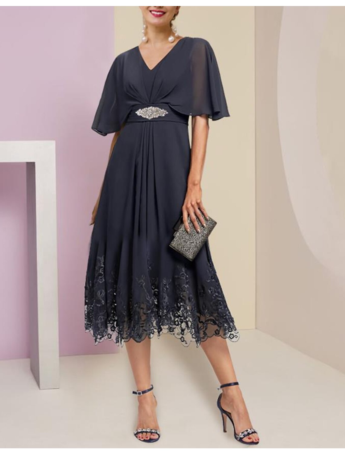 wholesale  A-Line Mother of the Bride Dress Formal Wedding Guest Elegant V Neck Tea Length Chiffon Lace Half Sleeve with Appliques Crystal Brooch