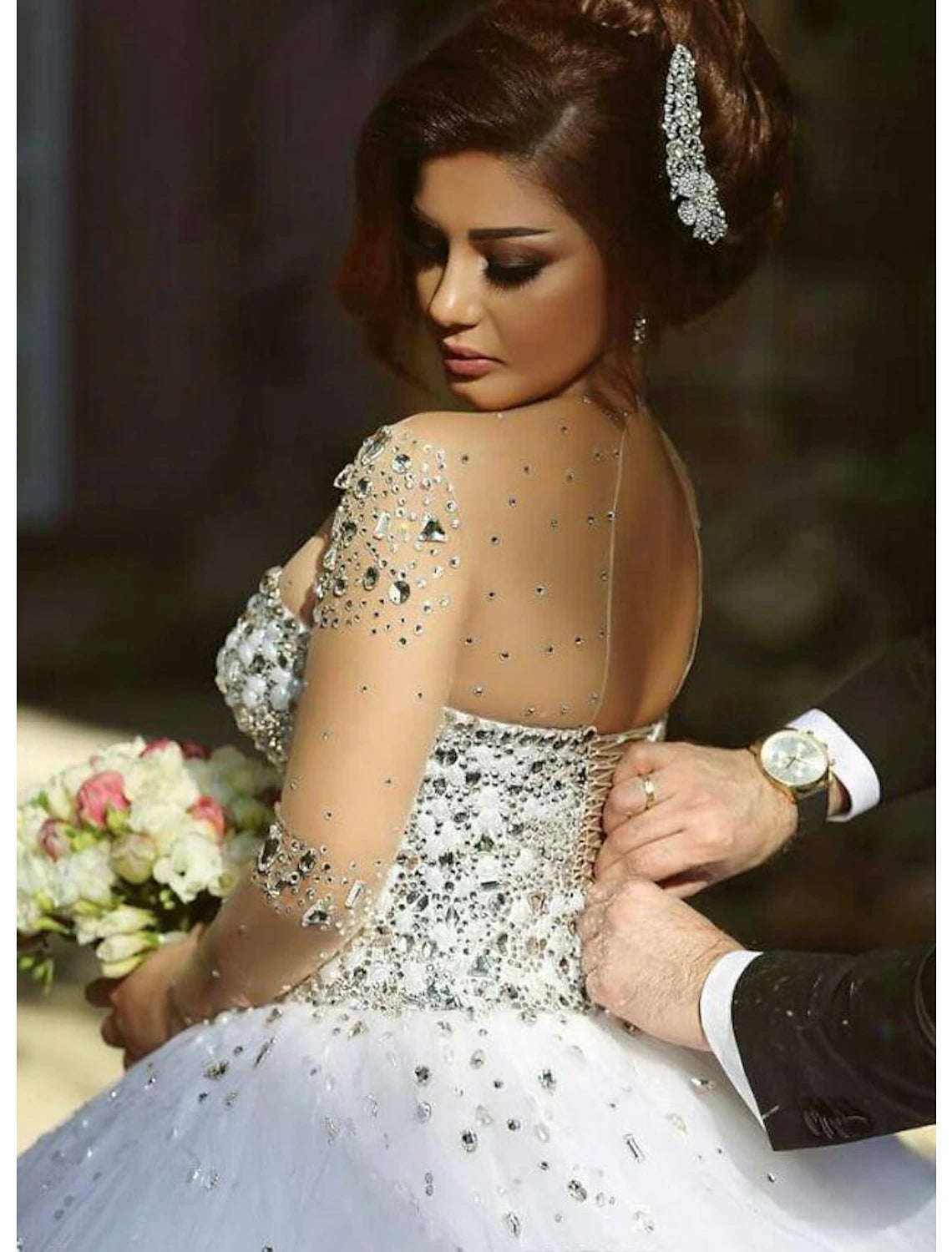 wholesale  Engagement Formal Fall Wedding Dresses Sparkle & Shine Ball Gown Sweetheart Strapless Court Train Satin Bridal Gowns With Crystals Beading