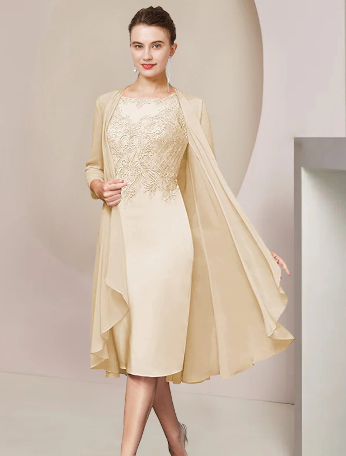 wholesale   Two Piece Sheath / Column Mother of the Bride Dress Formal Wedding Guest Elegant Scoop Neck Knee Length Chiffon Lace Half Sleeve Jacket Dresses with Appliques