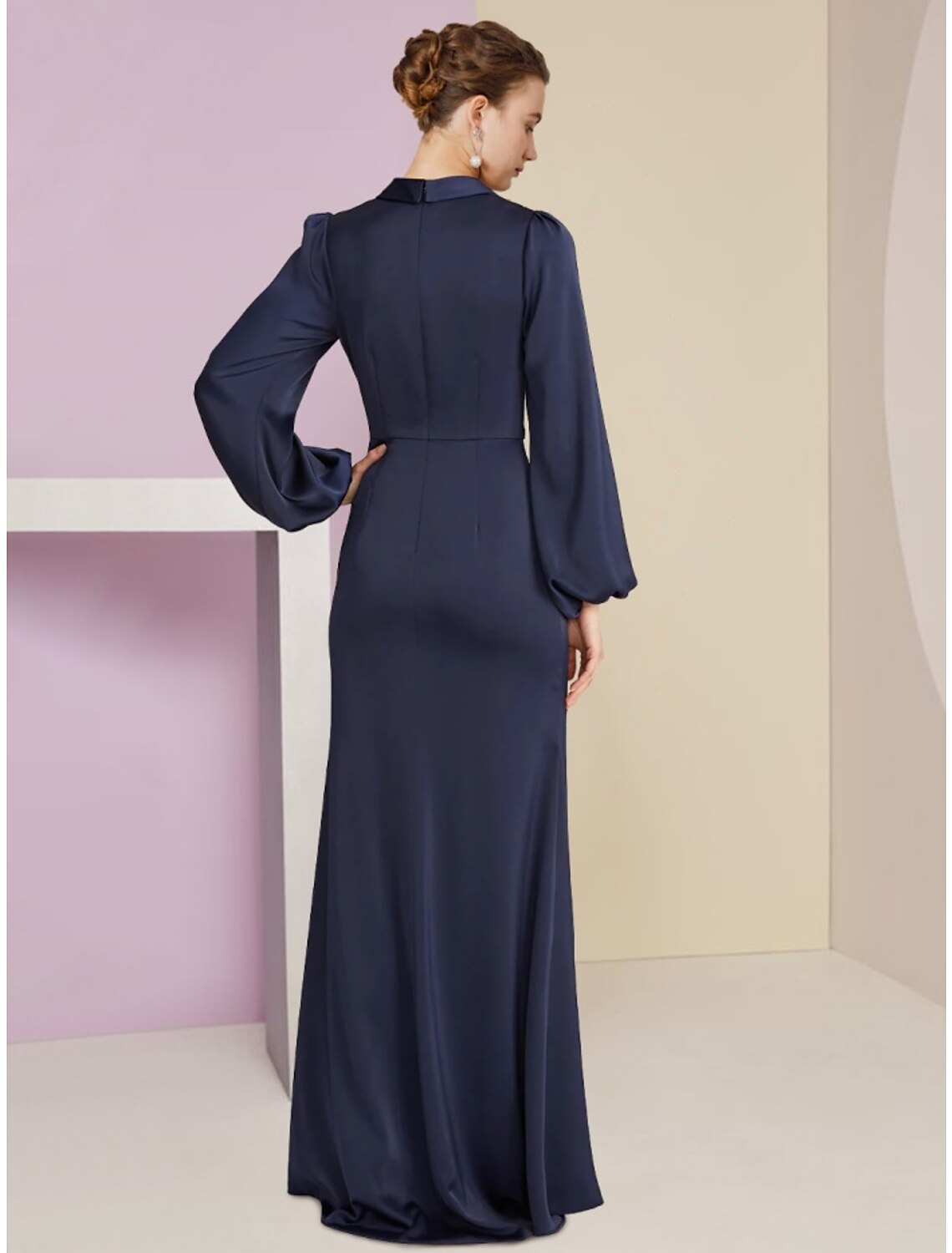 Wholesa  Sheath / Column Mother of the Bride Dress Wedding Guest Elegant V Neck Floor Length Stretch Satin Long Sleeve with Split Front Ruching