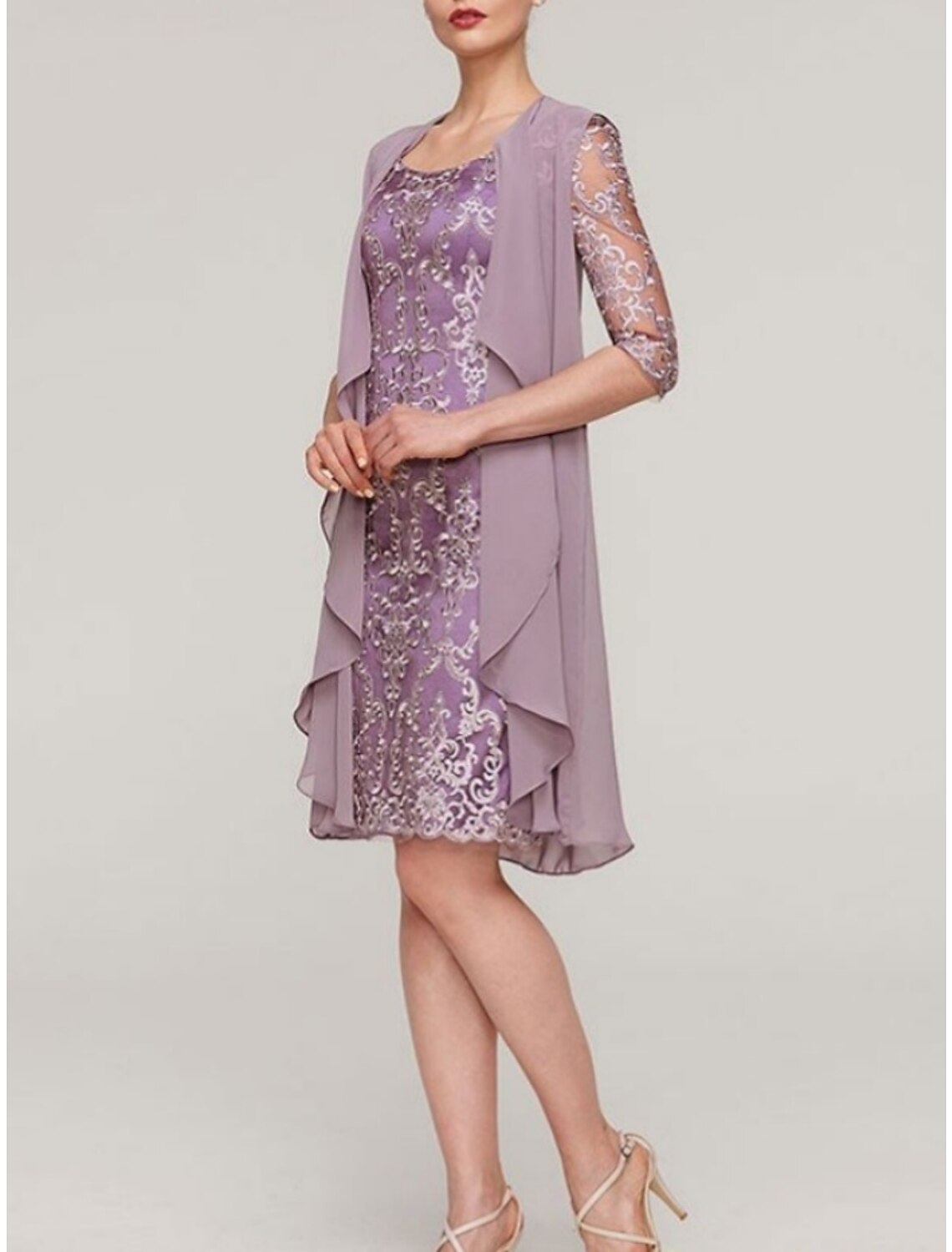 Wholesa  Two Piece Sheath / Column Mother of the Bride Dress Wedding Guest Elegant Petite Scoop Neck Knee Length Chiffon Half Sleeve with Lace Ruching