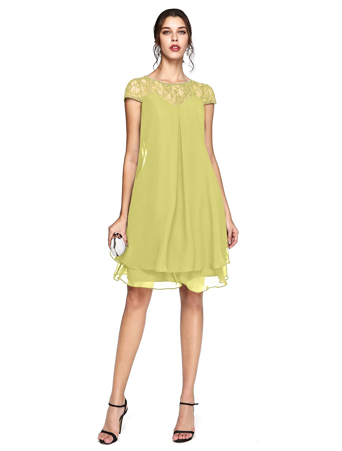 wholesale  A-Line Mother of the Bride Dress Plus Size Elegant Illusion Neck Knee Length Chiffon Lace Short Sleeve with Sequin