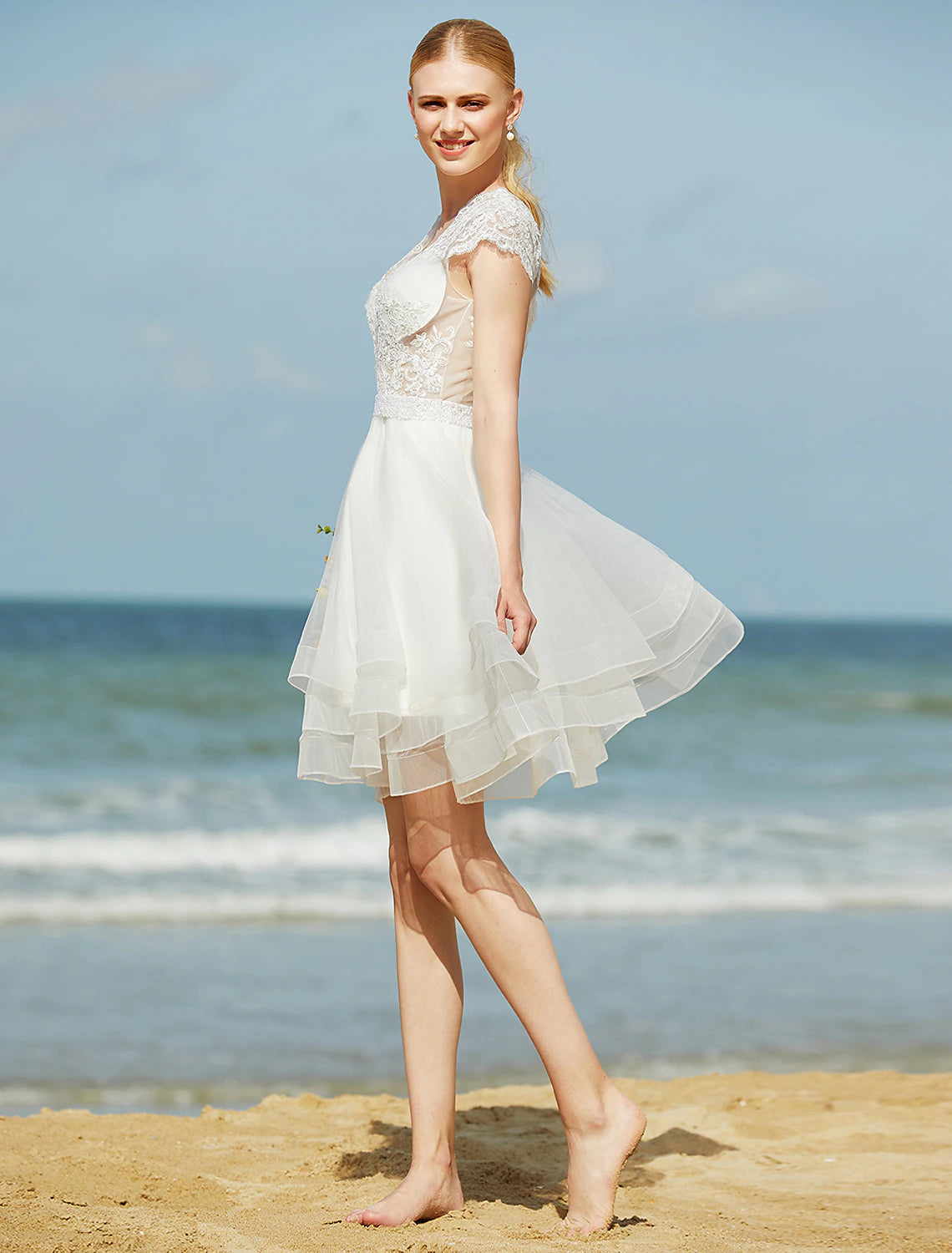 wholesale  Wedding Dresses A-Line V Neck Sleeveless Knee Length Tulle Bridal Gowns With Sash / Ribbon Beading