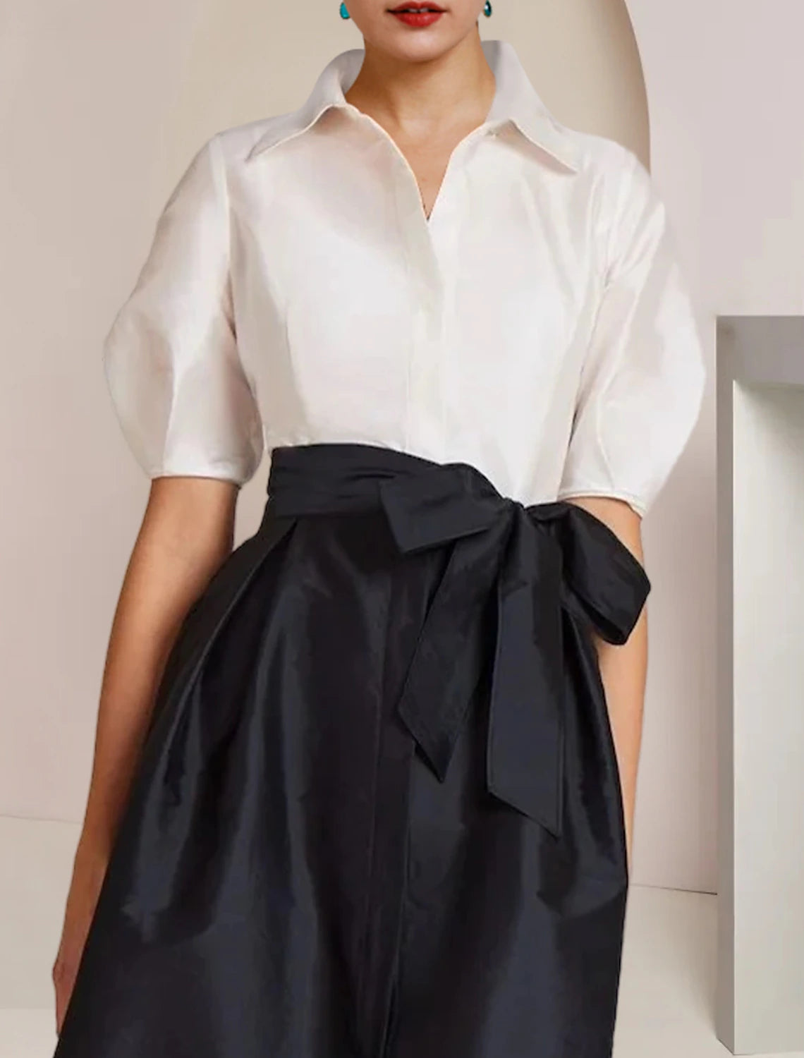 wholesale  A-Line Mother of the Bride Dress Formal Wedding Guest Party Elegant Shirt Collar Floor Length Taffeta Short Sleeve with Bow(s) Color Block