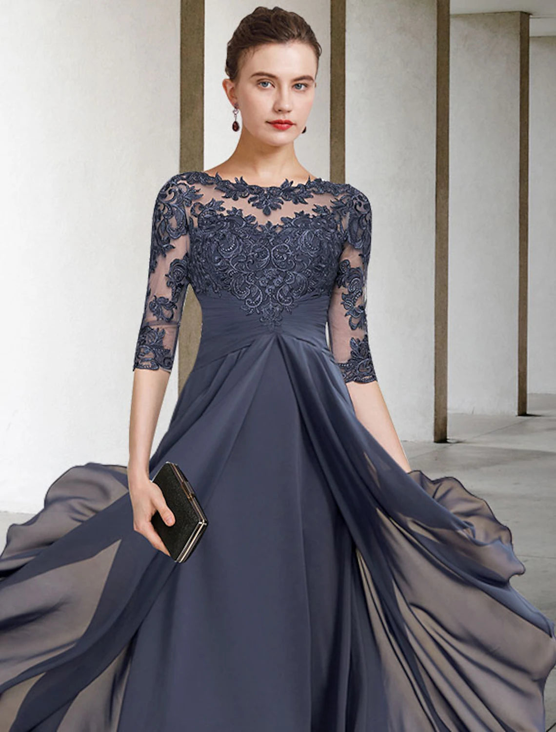 wholesale  A-Line Mother of the Bride Dress Fall Wedding Guest Plus Size Elegant High Low Jewel Neck Asymmetrical Tea Length Chiffon Lace Half Sleeve with Ruched Appliques