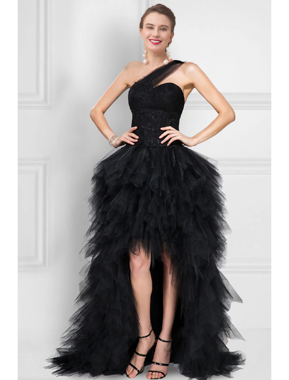 Wholesa Ball Gown Prom Black Dress Tiered Plisse Dress Masquerade Prom Asymmetrical Sleeveless One Shoulder Tulle Ladder Back with Pure Color
