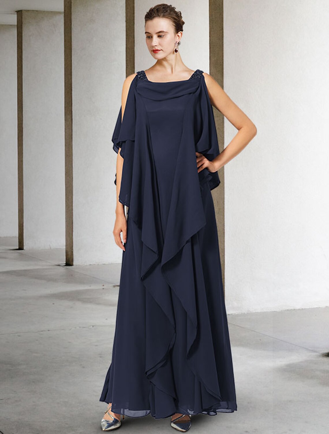 wholesale  A-Line Mother of the Bride Dress Plus Size Elegant V Neck Floor Length Chiffon Short Sleeve with Beading Ruffles