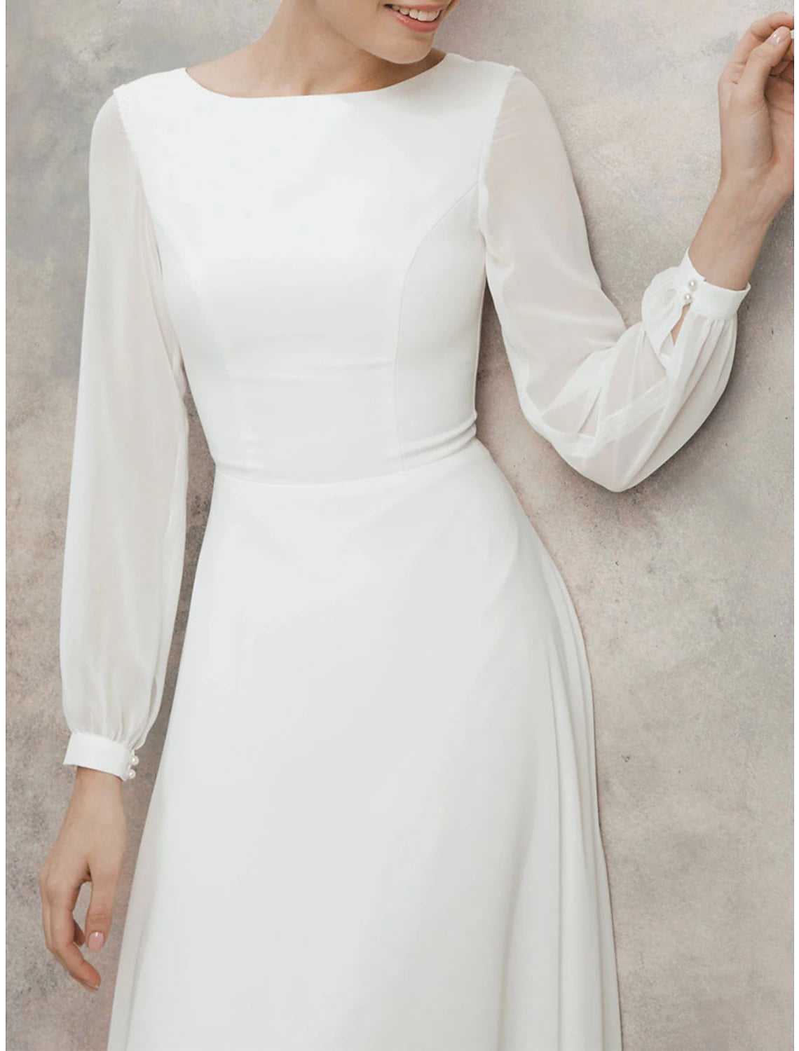 Wholesa A-Line Cocktail Dresses Little White Dresses Dress Wedding Reception Tea Length Long Sleeve Jewel Neck Fall Wedding Guest Cotton V Back with Ruffles Pure Color
