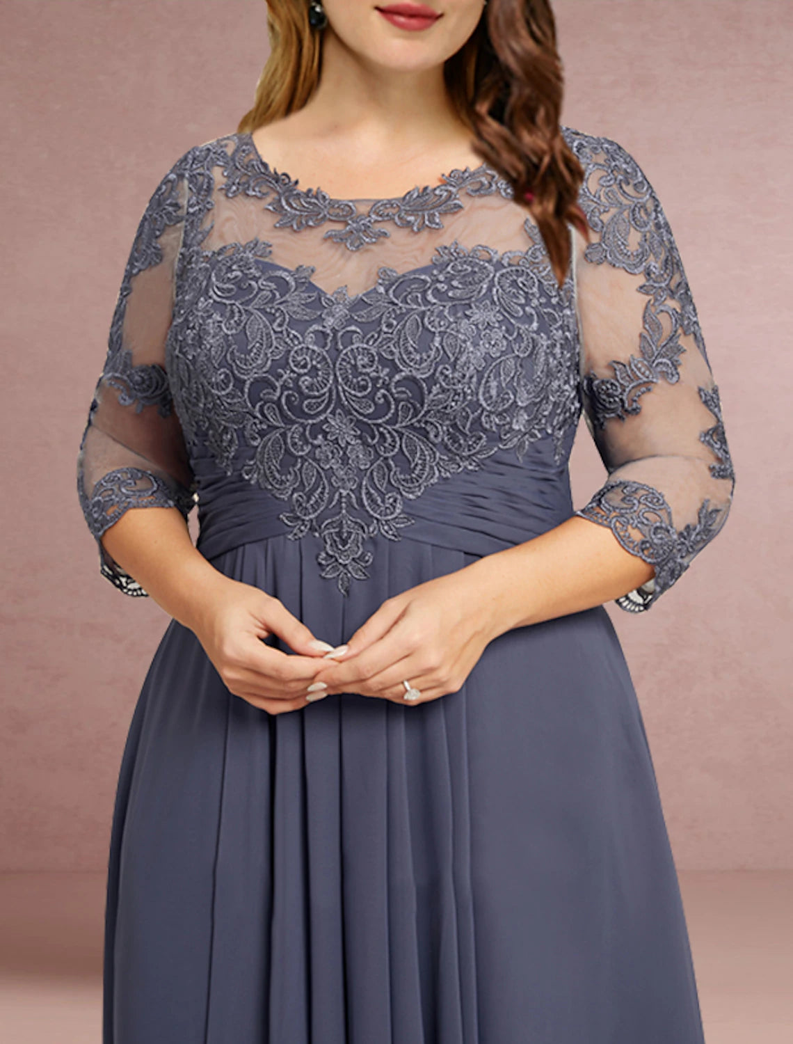 wholesale   Sheath / Column Mother of the Bride Dress Wedding Guest Elegant Jewel Neck Asymmetrical Chiffon Lace 3/4 Length Sleeve with Pleats Solid Color