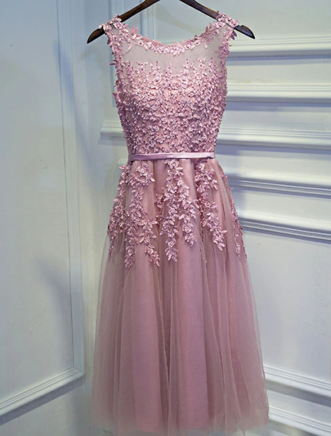 wholesale  A-Line Cute Formal Evening Dress Jewel Neck Sleeveless Short / Mini Lace with Beading Appliques