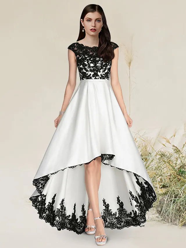 Wholesa A-Line Elegant Engagement Formal Evening Dress Jewel Neck Sleeveless Asymmetrical Satin with Appliques