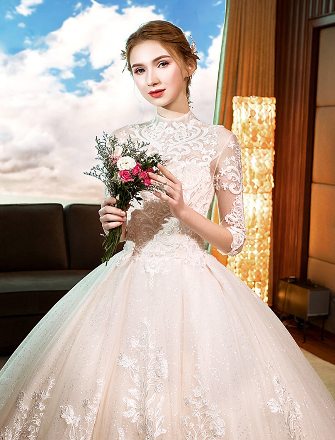 wholesale  Engagement Sparkle & Shine Formal Fall Wedding Dresses Ball Gown High Neck Long Sleeve Cathedral Train Lace Bridal Gowns With Sequin Appliques