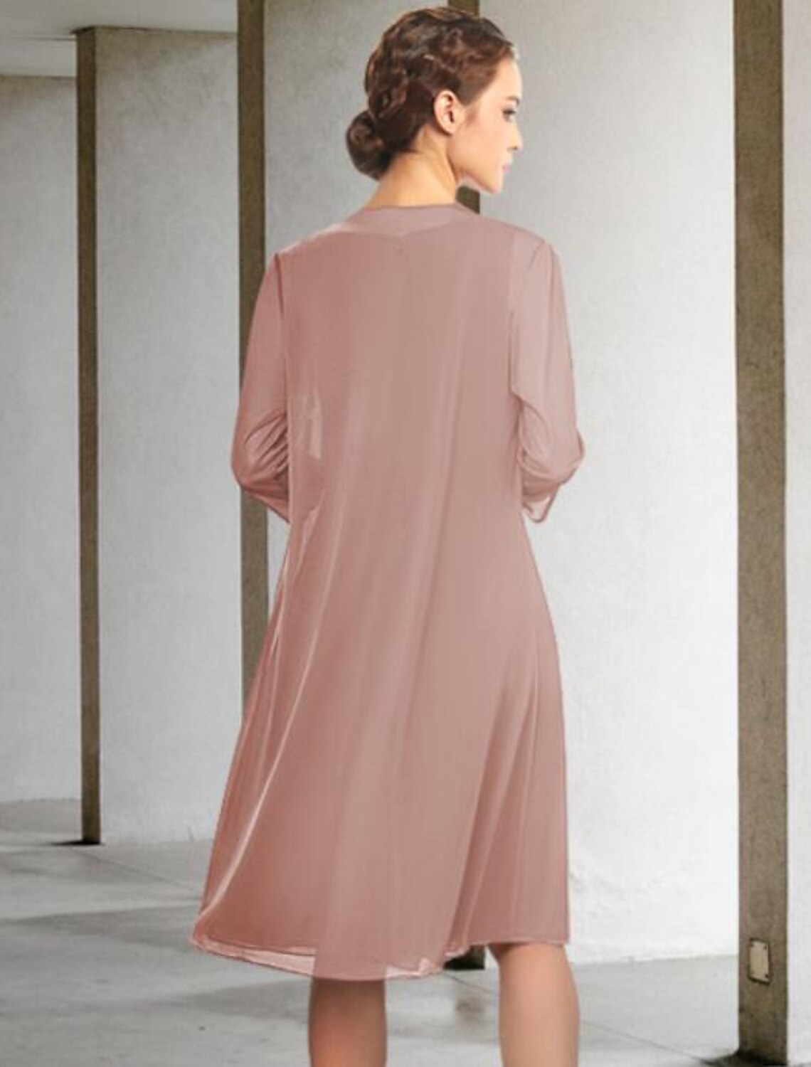 wholesale   Two Piece A-Line Mother of the Bride Dress Elegant Jewel Neck Knee Length Chiffon Sleeveless with Pleats