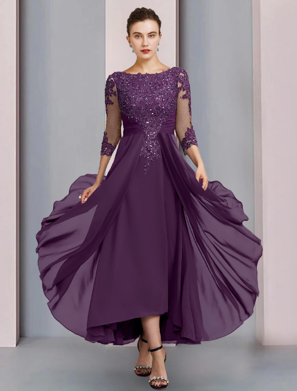 wholesale   Sheath / Column Mother of the Bride Dress Wedding Guest Party Elegant Scoop Neck Ankle Length Chiffon Lace 3/4 Length Sleeve with Pleats Sequin