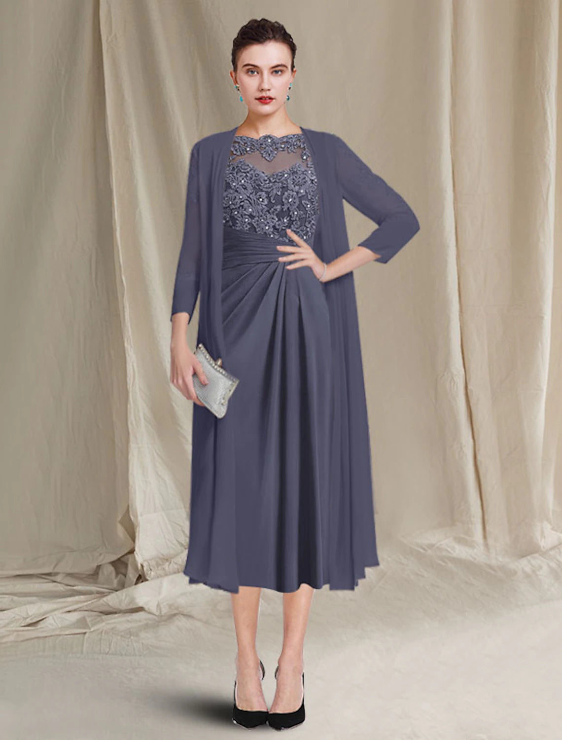 wholesale  Two Piece A-Line Mother of the Bride Dress Plus Size Elegant Jewel Neck Tea Length Chiffon Lace Half Sleeve Jacket Dresses with Crystals Appliques