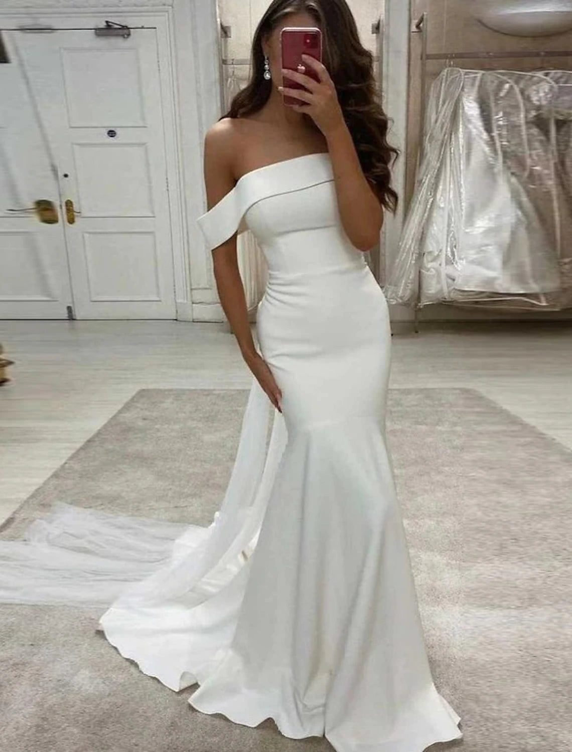 wholesale  Reception Sexy Wedding Dresses Mermaid / Trumpet Off Shoulder Cap Sleeve Sweep / Brush Train Stretch Fabric Bridal Gowns With Solid Color