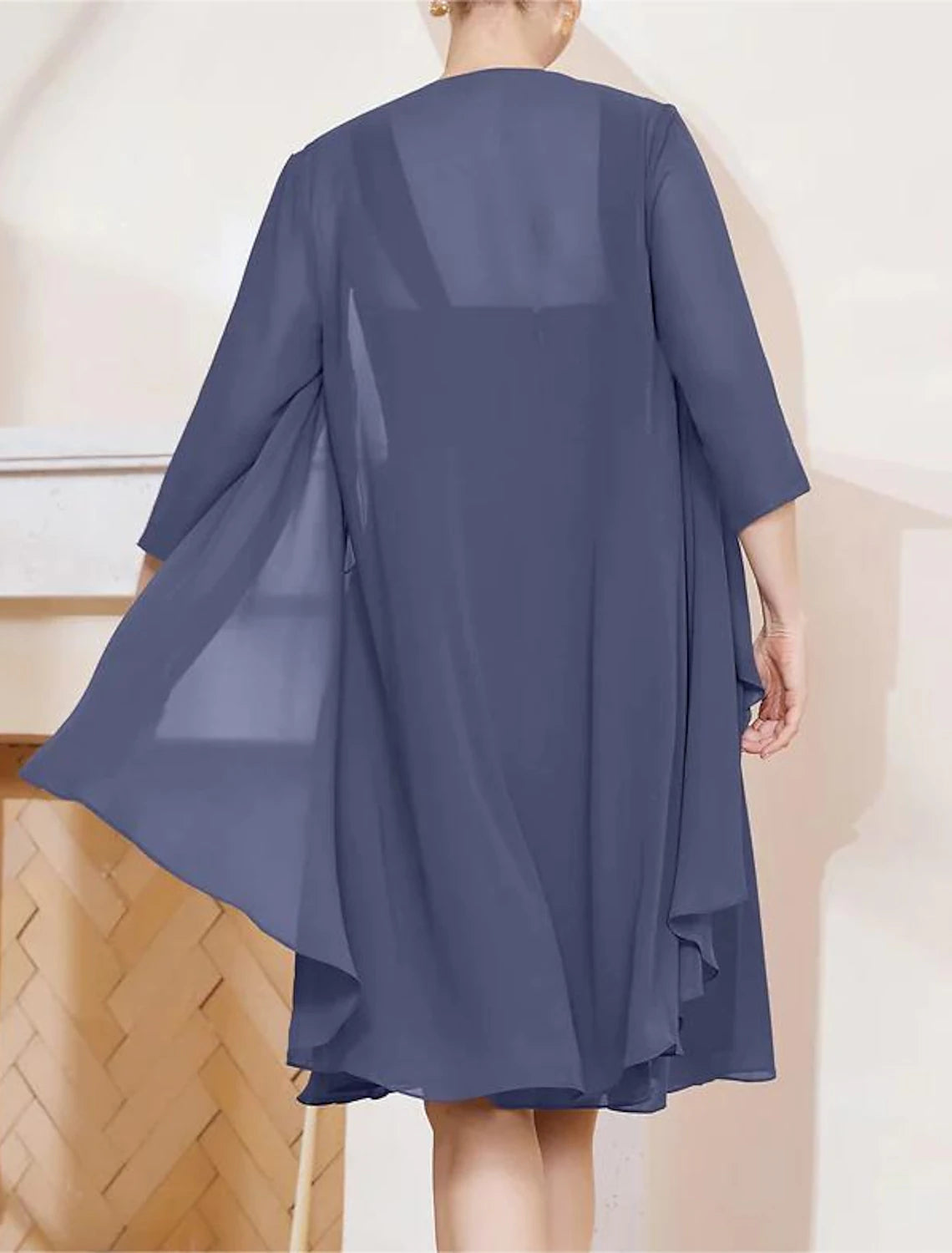 Wholesa Two Piece A-Line Mother of the Bride Dress Formal Wedding Guest Elegant Square Neck Knee Length Chiffon 3/4 Length Sleeve with Appliques Side Draping