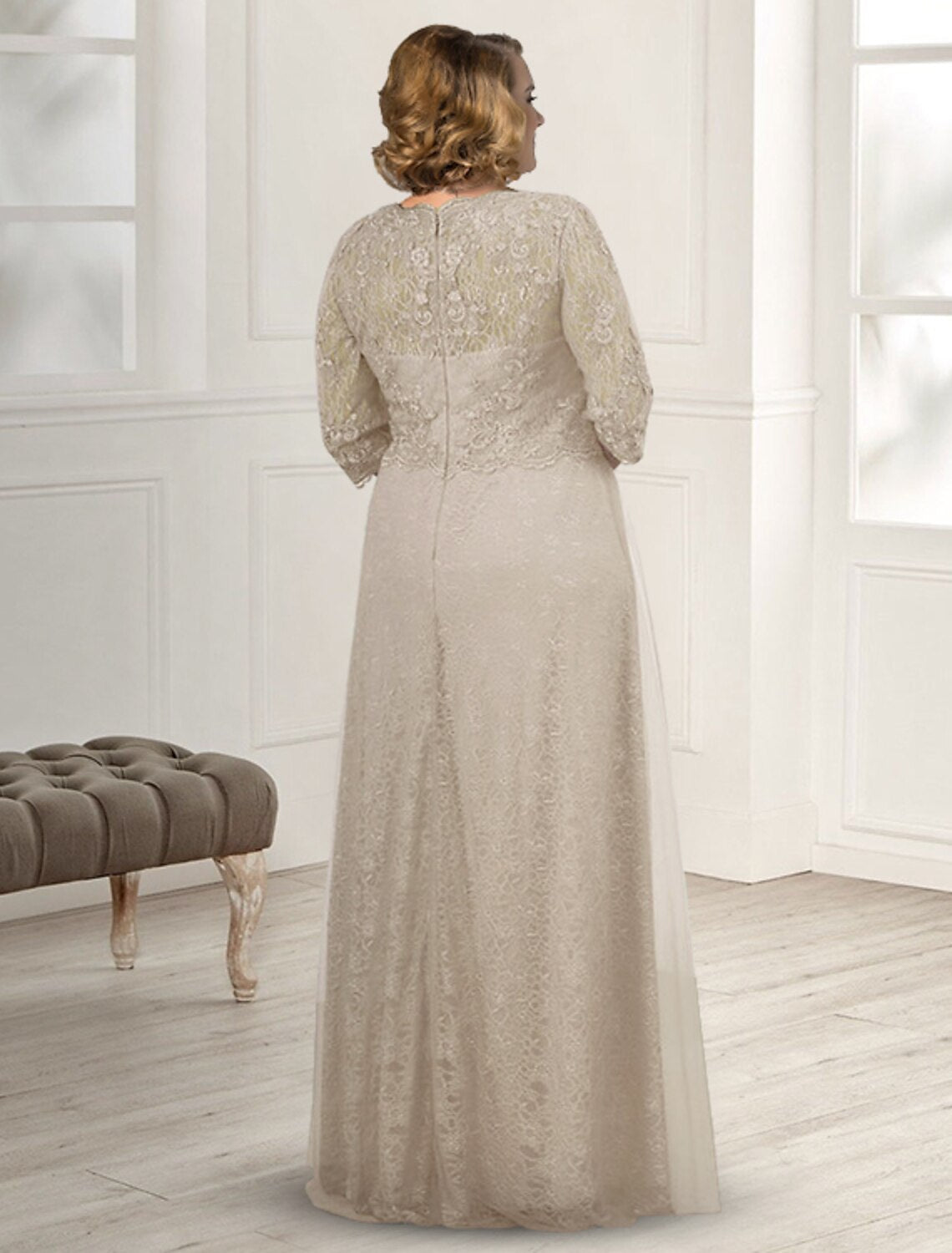 wholesale  A-Line Mother of the Bride Dress Plus Size Elegant Jewel Neck Floor Length Lace Half Sleeve with Appliques