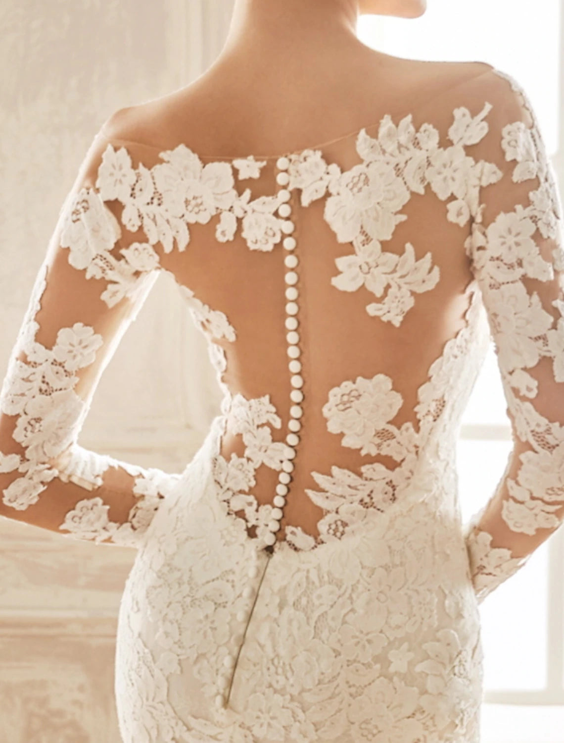 Wholesa Engagement Open Back Formal Wedding Dresses Mermaid / Trumpet Illusion Neck Long Sleeve Court Train Chiffon Bridal Gowns With Embroidery Appliques