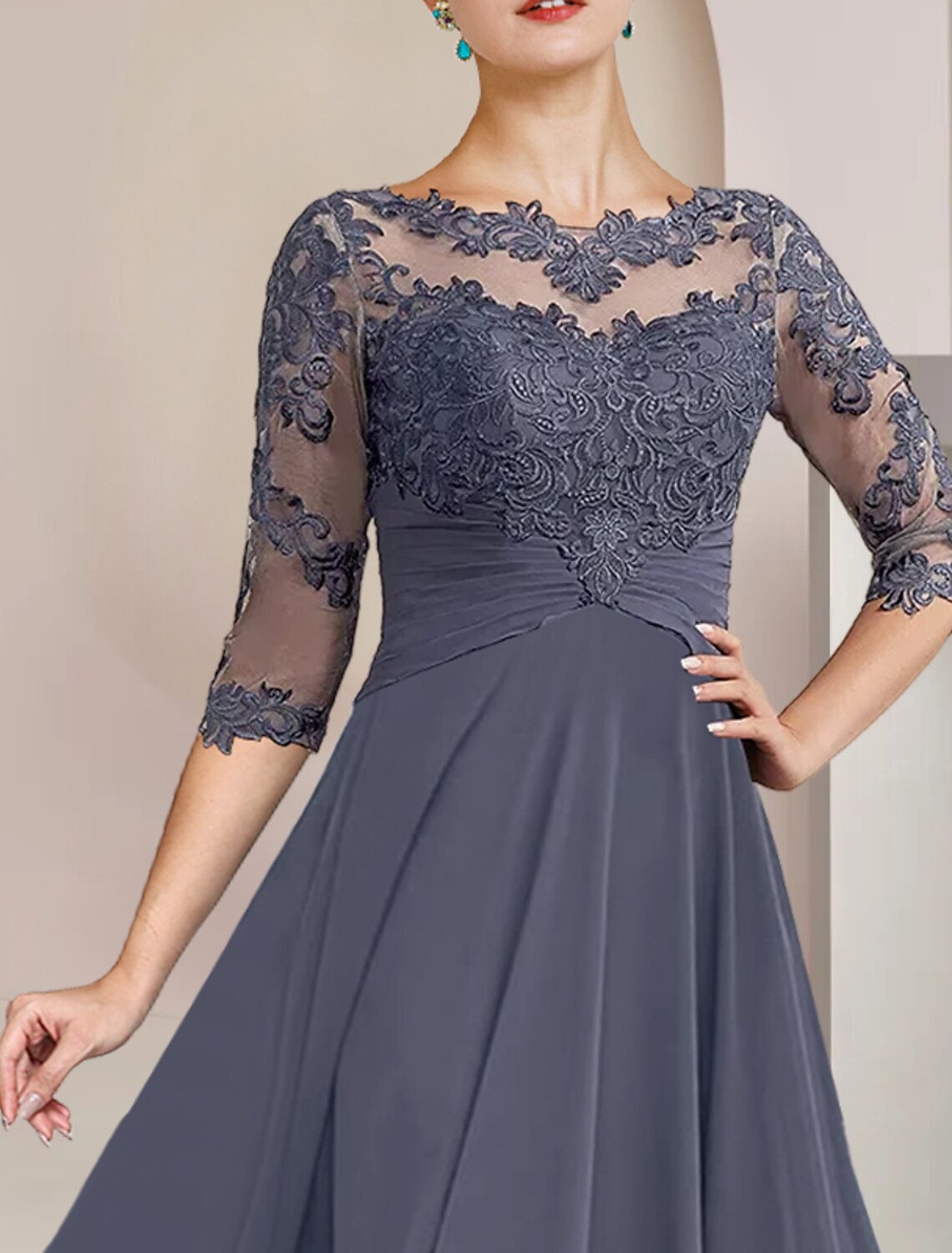 wholesale  Two Piece A-Line Mother of the Bride Dress Formal Wedding Guest Elegant Scoop Neck Tea Length Chiffon Lace 3/4 Length Sleeve Wrap Included with Appliques Ruching