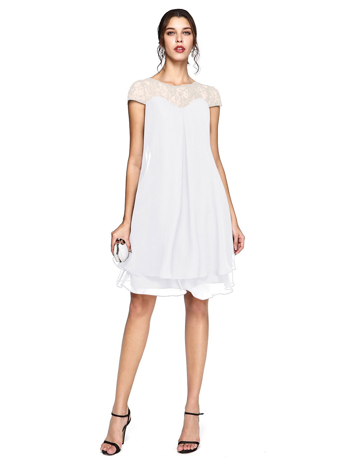 wholesale  A-Line Mother of the Bride Dress Plus Size Elegant Illusion Neck Knee Length Chiffon Lace Short Sleeve with Sequin