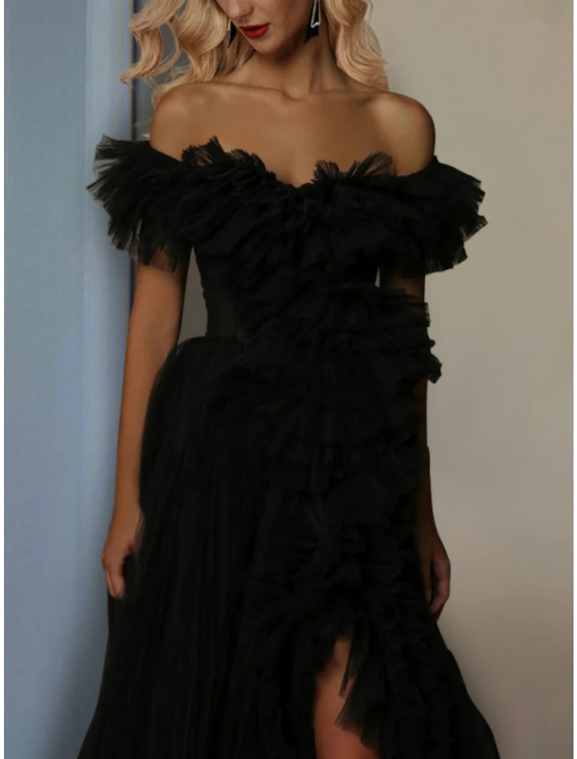 Wholesa  A-Line Prom Dresses Tiered Plisse Dress Wedding Party Sweep / Brush Train Short Sleeve Off Shoulder Tulle with Ruched Slit