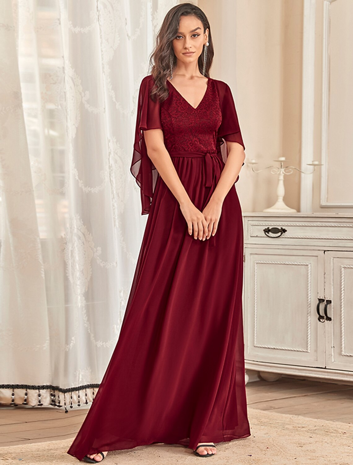 wholesale  A-Line Mother of the Bride Dress Plus Size Elegant V Neck Floor Length Chiffon Tulle Half Sleeve with Sash / Ribbon