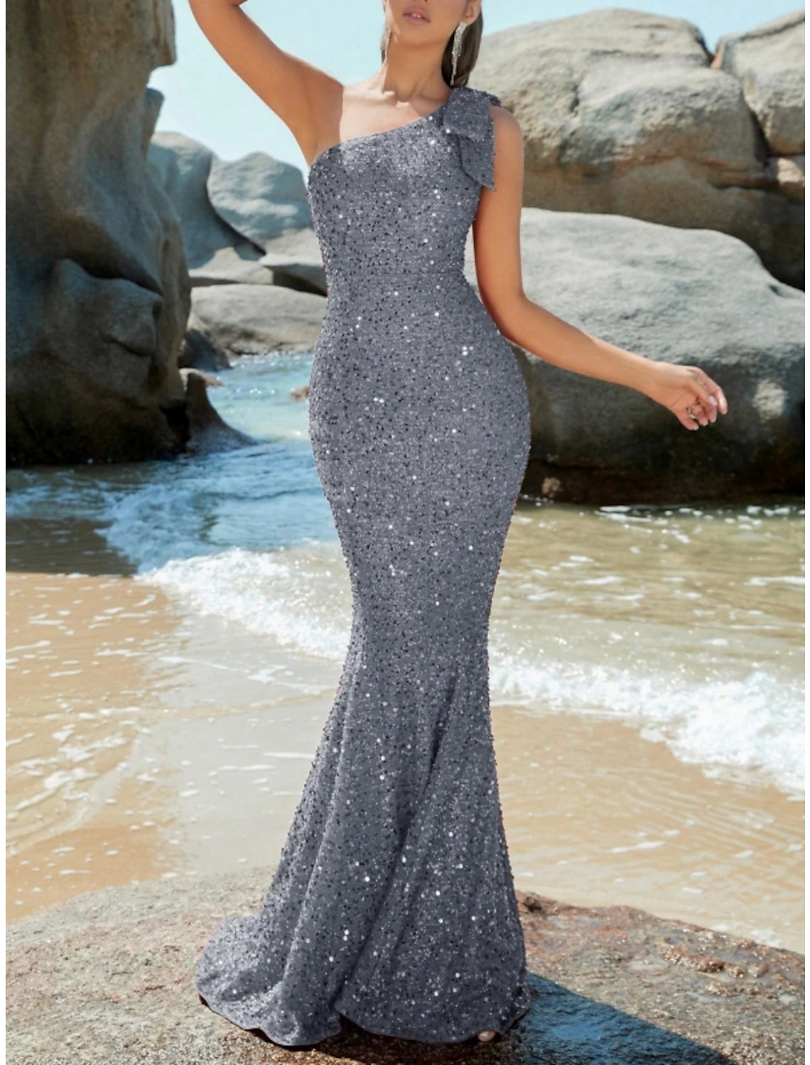 Wholesa Mermaid / Trumpet Evening Gown Sparkle & Shine Dress Formal Fall Sweep / Brush Train Sleeveless One Shoulder Sequined with Glitter Shouder Flower