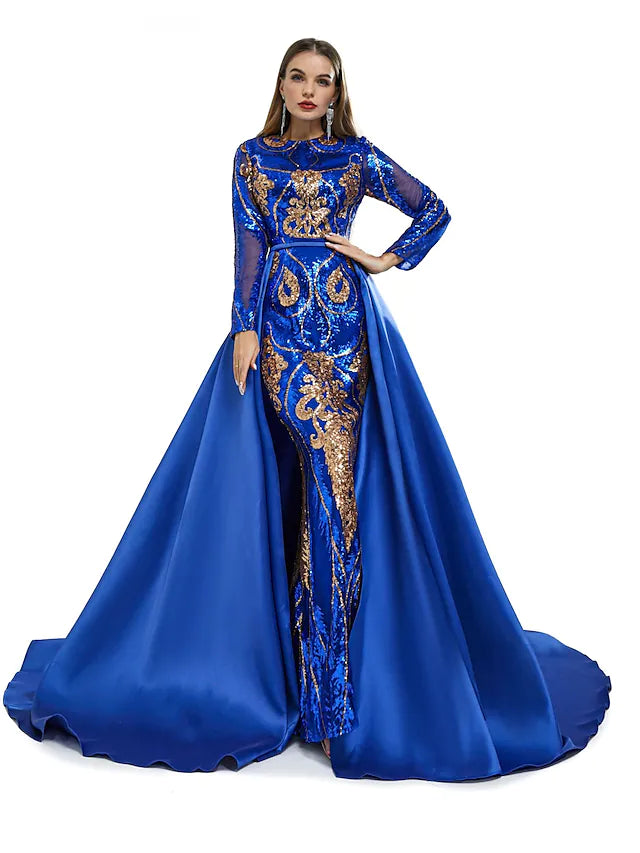 Wholesa Mermaid / Trumpet Evening Gown Elegant Dress Engagement Chapel Train Short Sleeve Jewel Neck Sequined with Sequin