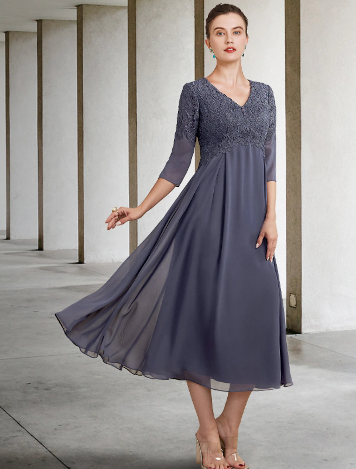 wholesale  A-Line Mother of the Bride Dress Fall Wedding Guest Plus Size Elegant V Neck Tea Length Chiffon Lace 3/4 Length Sleeve with Ruffles Appliques