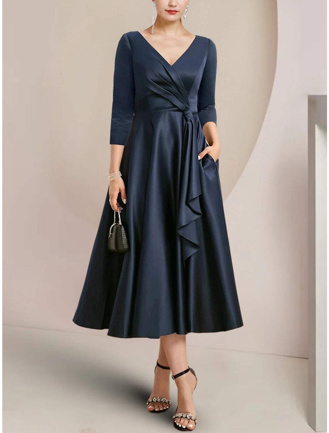 Wholesa A-Line Mother of the Bride Dress Wedding Guest Elegant Petite V Neck Tea Length Satin 3/4 Length Sleeve with Ruching Solid Color