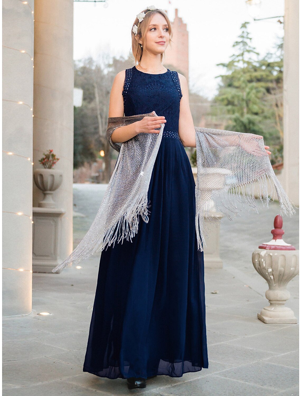 wholesa A-Line Prom Dresses Maxi Dress Wedding Guest Prom Floor Length Sleeveless Jewel Neck Bridesmaid Dress Chiffon with Pleats Lace Insert