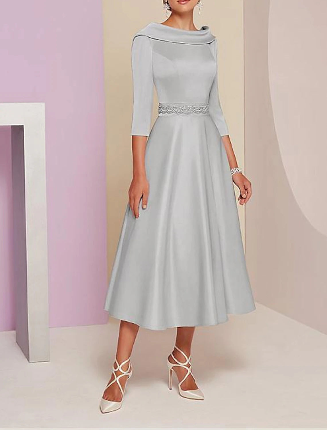 Wholesa A-Line Mother of the Bride Dress Wedding Guest Elegant Vintage Plus Size Bateau Neck Tea Length Satin 3/4 Length Sleeve with Beading