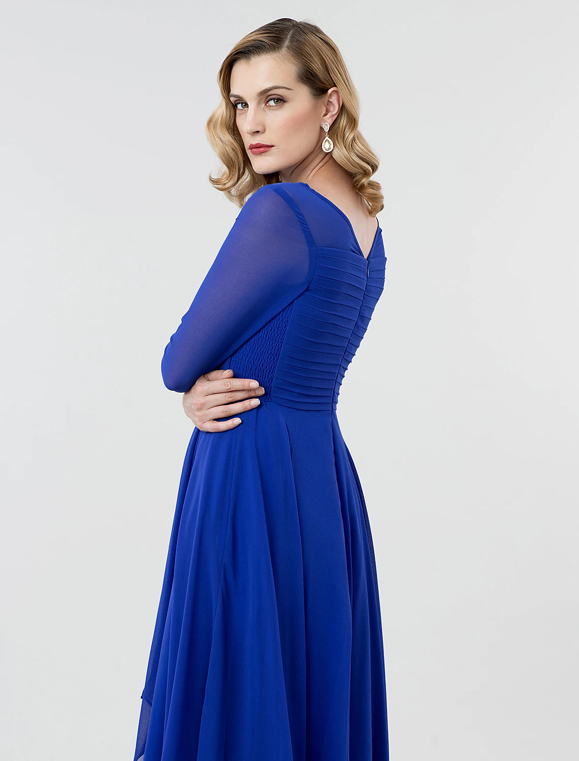 Wholesa A-Line Elegant Formal Evening Wedding Party Dress Boat Neck 3/4 Length Sleeve Tea Length Georgette with Ruched Crystal Brooch / Illusion Sleeve