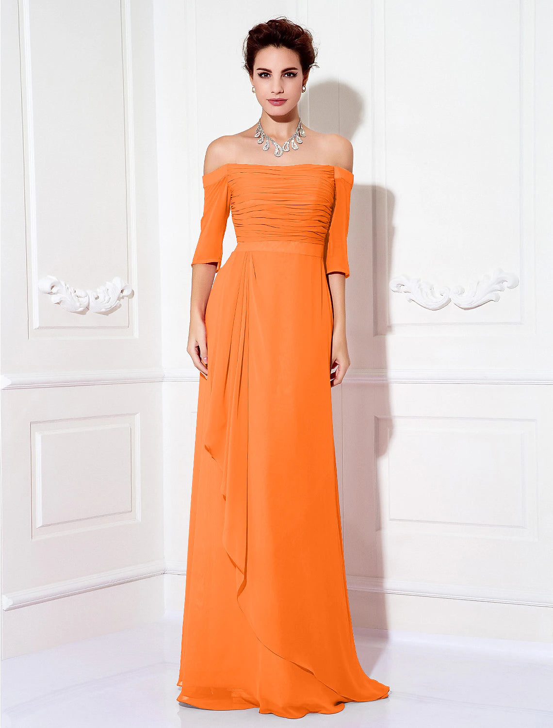wholesa Sheath / Column Minimalist Dress Wedding Guest Formal Evening Sweep / Brush Train Half Sleeve Off Shoulder Bridesmaid Dress Chiffon with Ruched Draping