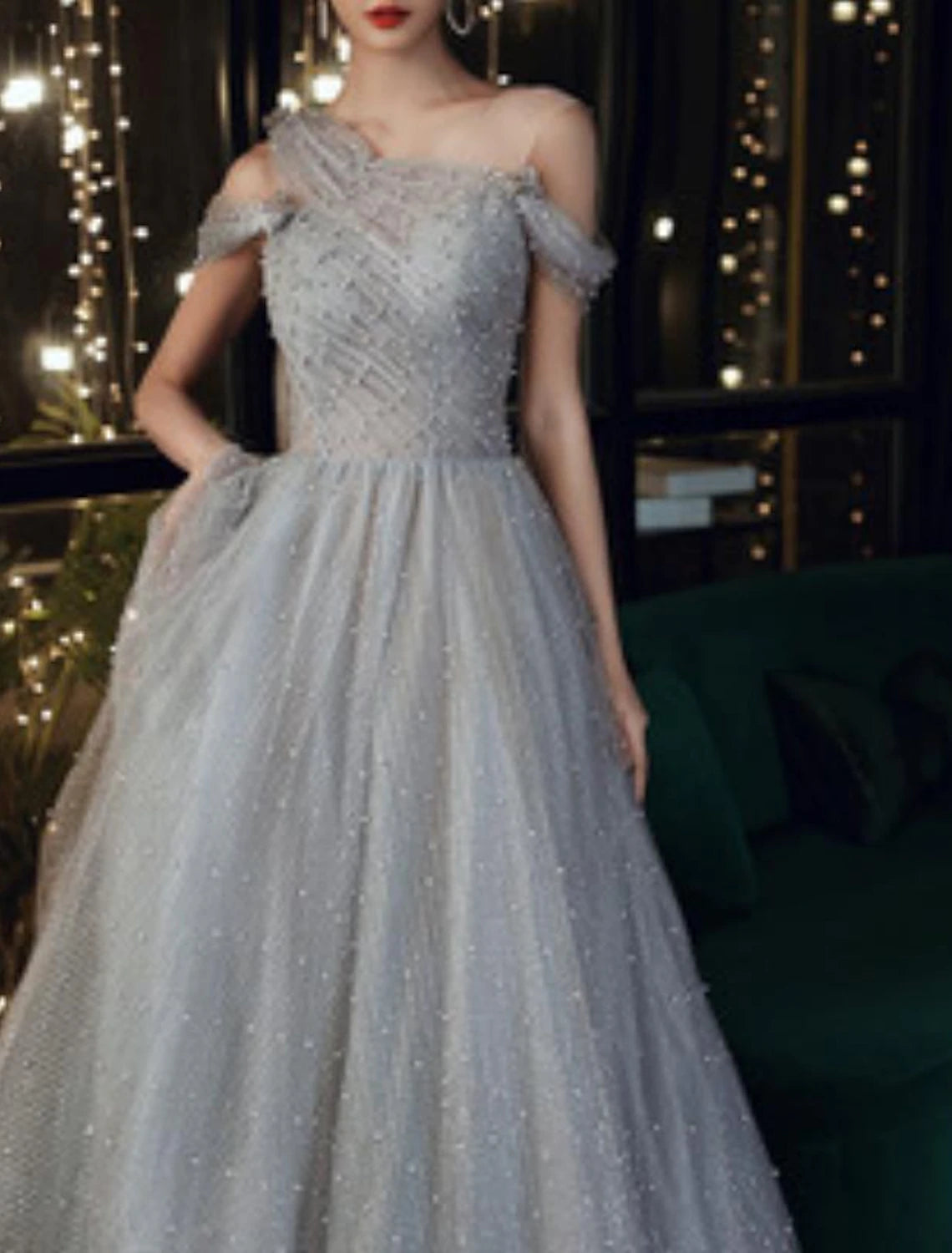 Wholesa A-Line Prom Dresses Elegant Dress Wedding Guest Engagement Floor Length Sleeveless Illusion Neck Tulle with Pleats Beading