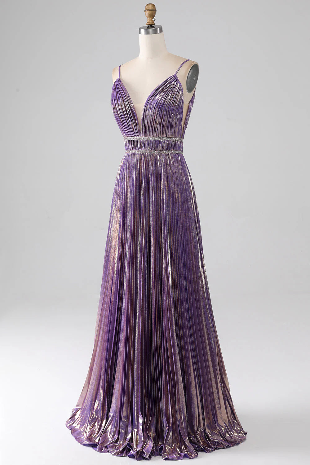 Wholesa A-Line Glitter Spaghetti Straps Pleated Prom Dress